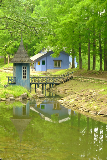 トーベ・ヤンソンあけぼの子どもの森公園のきのこの家と、湖の湖面にもきのこの家が映り込んでいる写真。